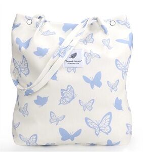 New Large White and Blue Butterfly Corduroy Spring Tote Bag